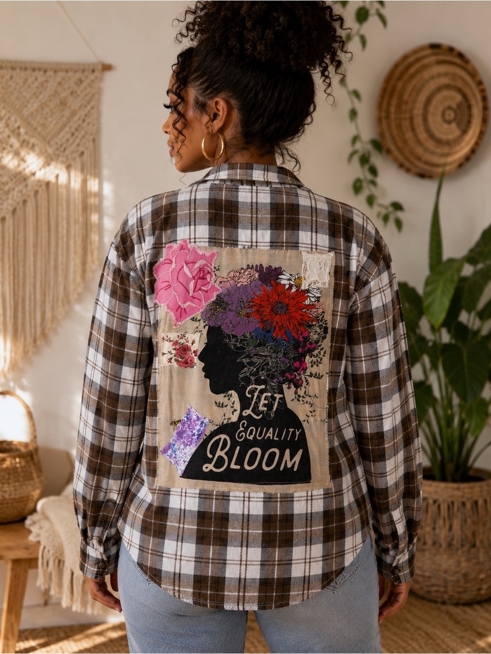 H&M Relaxed Fit Upcycled Flannel Shirt – Women’s Small | Handmade Floral Patchwo